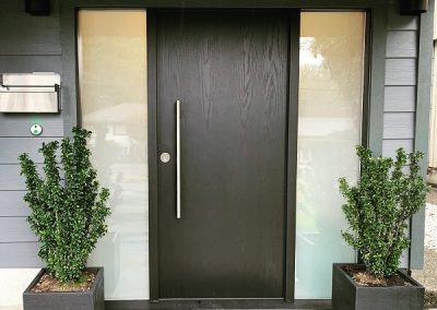 dark brown wood door featuring an extra large door pull and plants on both sides
